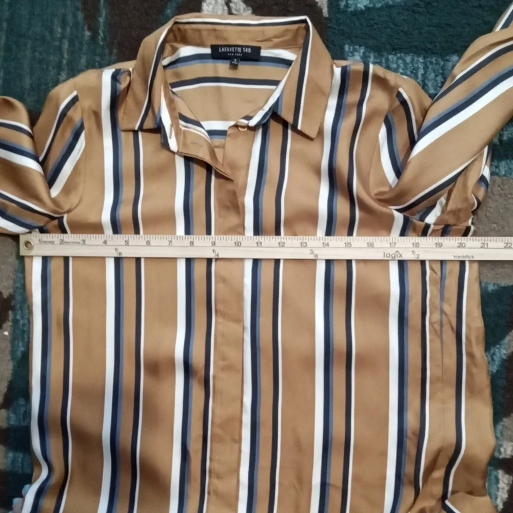 Lafayette 148 New York Striped Blouse Silk Mustard/golden Tone Womens Small - Picture 6 of 9